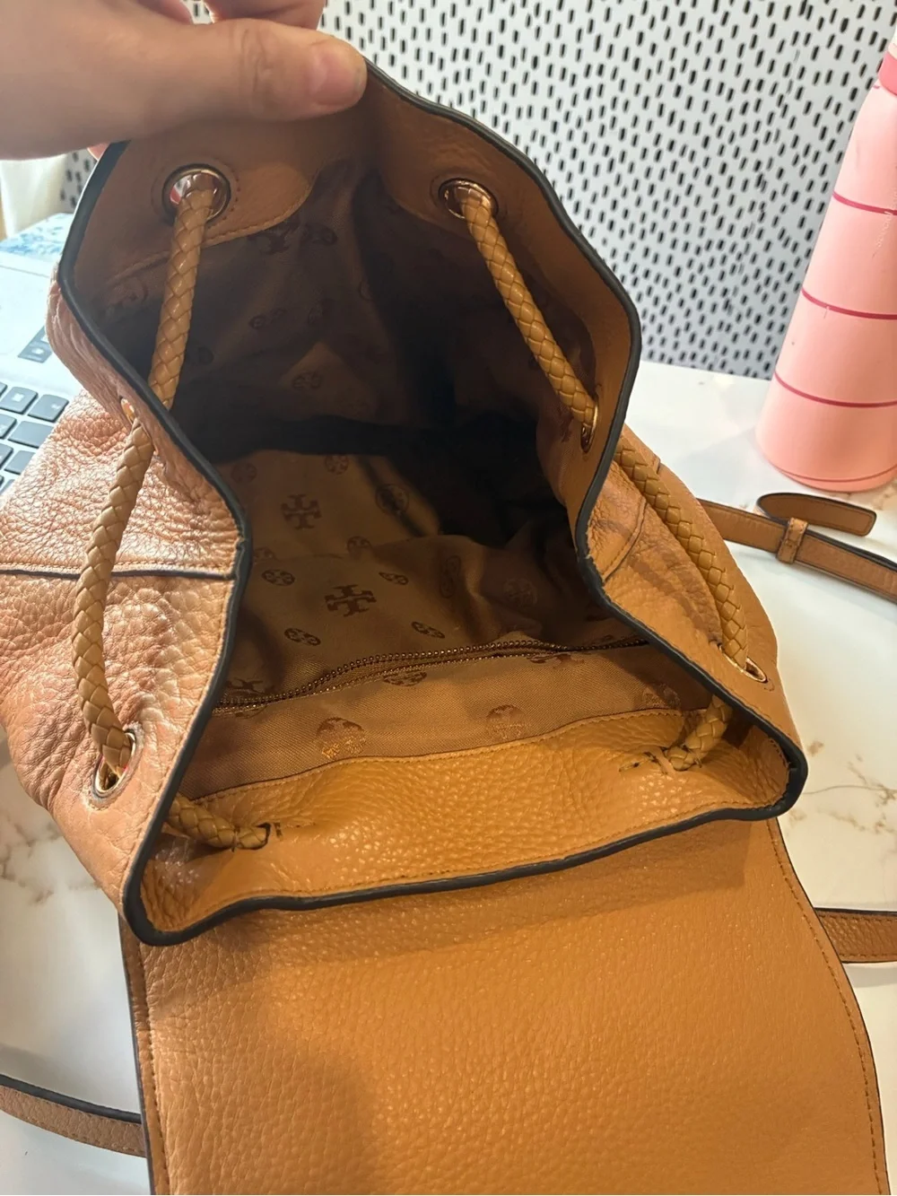 Tory Burch Tan Pebbled Leather Tassel Backpack